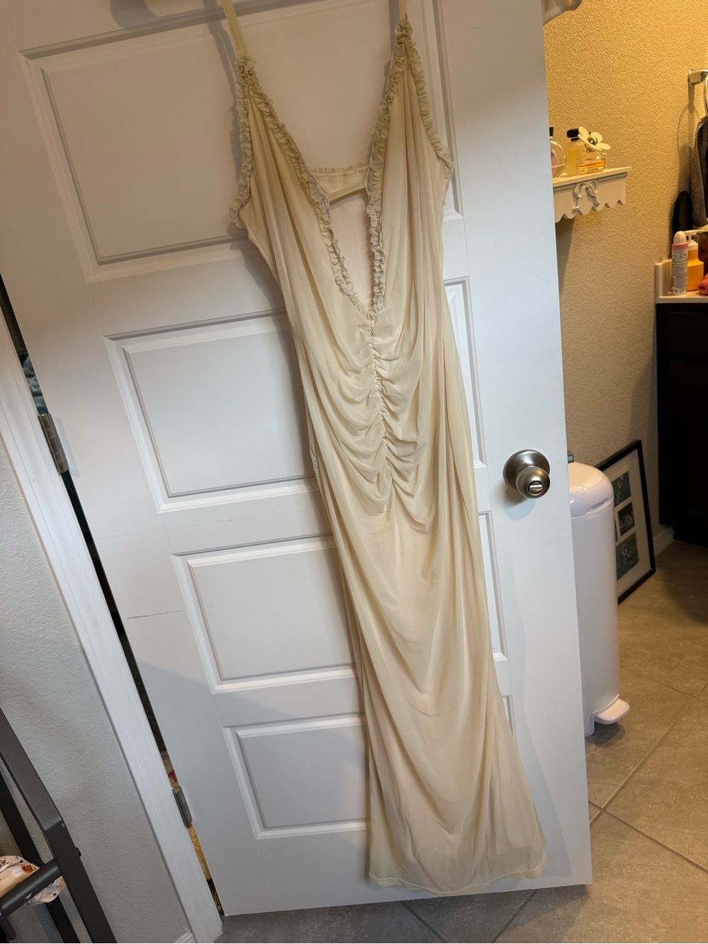 SHEIN Cream Ruched V-Neck Spaghetti Strap Maxi Dress